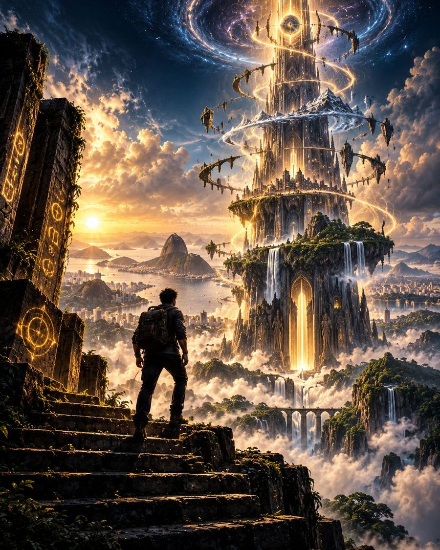 Um escalador de mochila diante de uma torre colossal que se ergue em espiral sobre uma baía com o Pão de Açúcar, entre nuvens, cachoeiras e runas douradas gravadas na pedra.