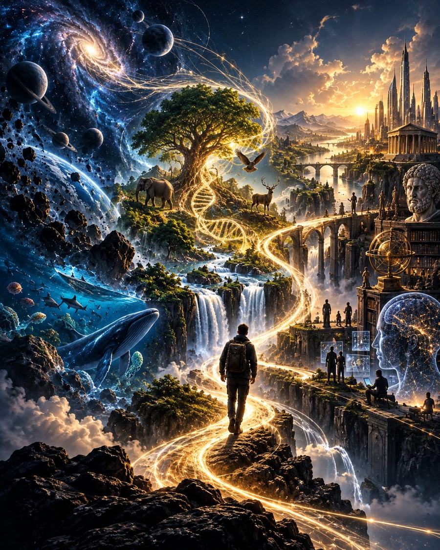 Um caminhante segue uma trilha de luz que atravessa galáxias, o mar, a árvore da vida, os animais e chega às cidades, às bibliotecas e à inteligência artificial. As três eras da viagem: Rastreamento, Dobra e Criações.