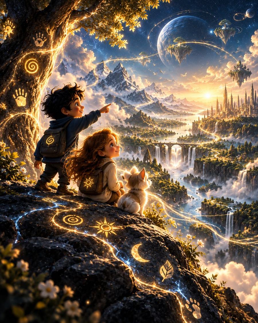 Duas crianças e um gatinho sentados numa pedra coberta de símbolos luminosos, apontando para um vale com cachoeiras, ilhas flutuantes e um planeta no céu. O mundo das personagens Difa e Lumi.