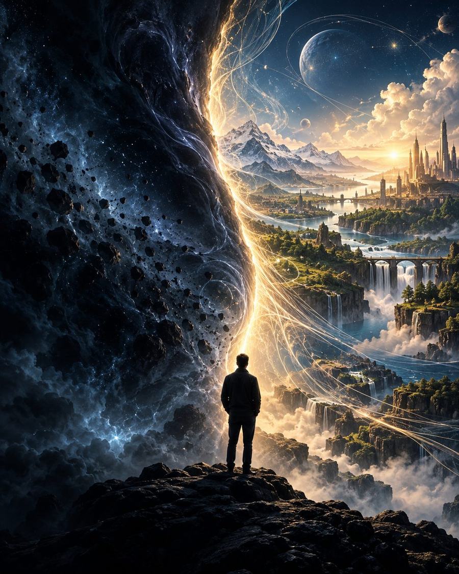 Uma figura solitária diante de uma parede vertical: à esquerda, matéria escura e indistinta; à direita, um mundo iluminado e determinado. Entre os dois, uma única linha de luz — a diferença como limiar de toda determinação.